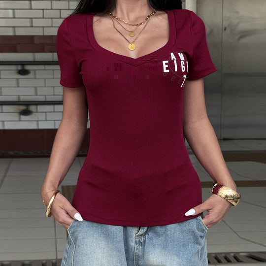 Damen Kurzarmshirt mit V-Ausschnitt und grafischem Print R&B