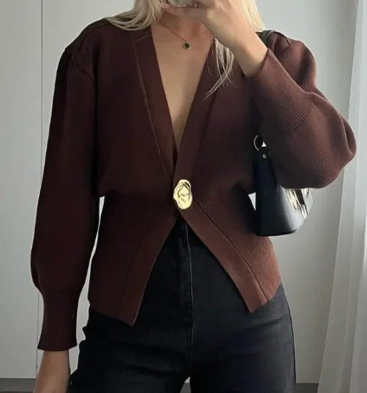 Damen Eleganter und lässiger Cardigan mit tiefem Ausschnitt und Schmuckknopf R&B