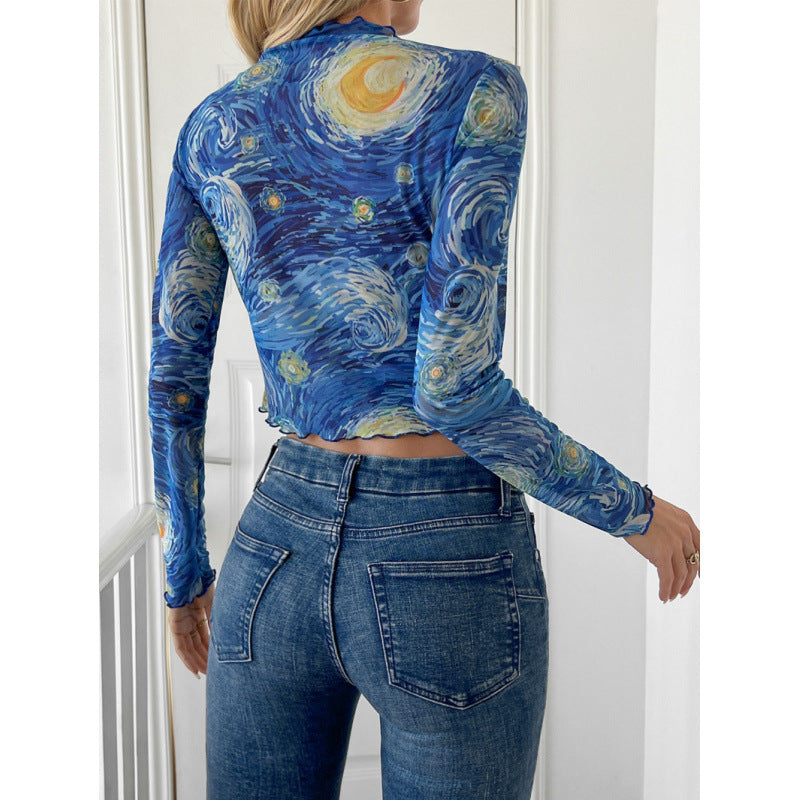 Damen Langarm-T-Shirt mit kunstvollem Druck und geschmackvollem Wellensaum R&B