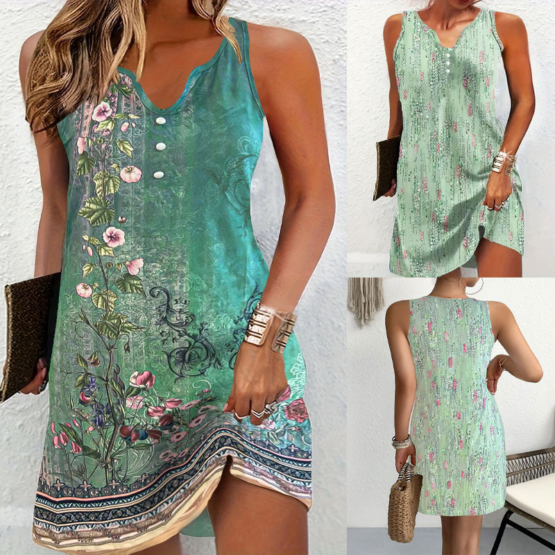 Damen ärmelloses Sommerkleid mit modischem V-Ausschnitt und Knopfdetails R&B