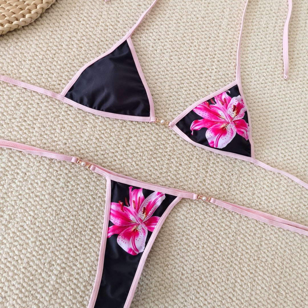Damen Triangel-Bikini mit floralen Akzenten und verstellbaren Bändern R&B