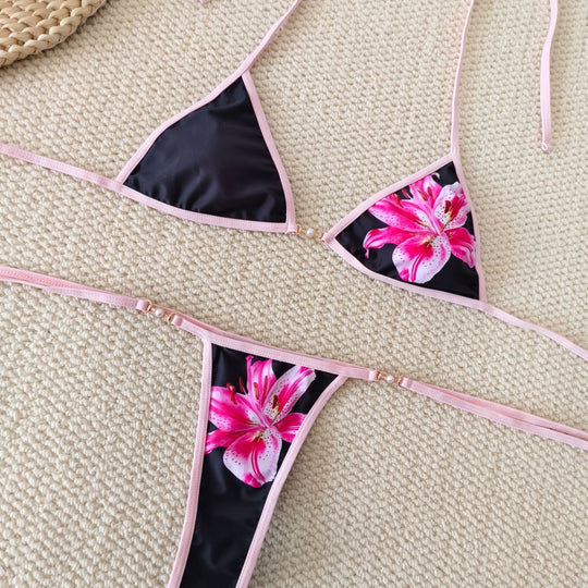 Damen Triangel-Bikini mit floralen Akzenten und verstellbaren Bändern R&B