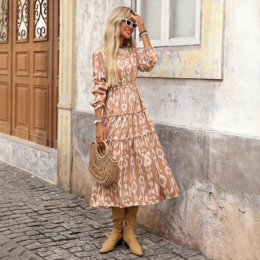Damen Maxi-Kleid mit voluminösen Ärmeln und feinem Druck R&B