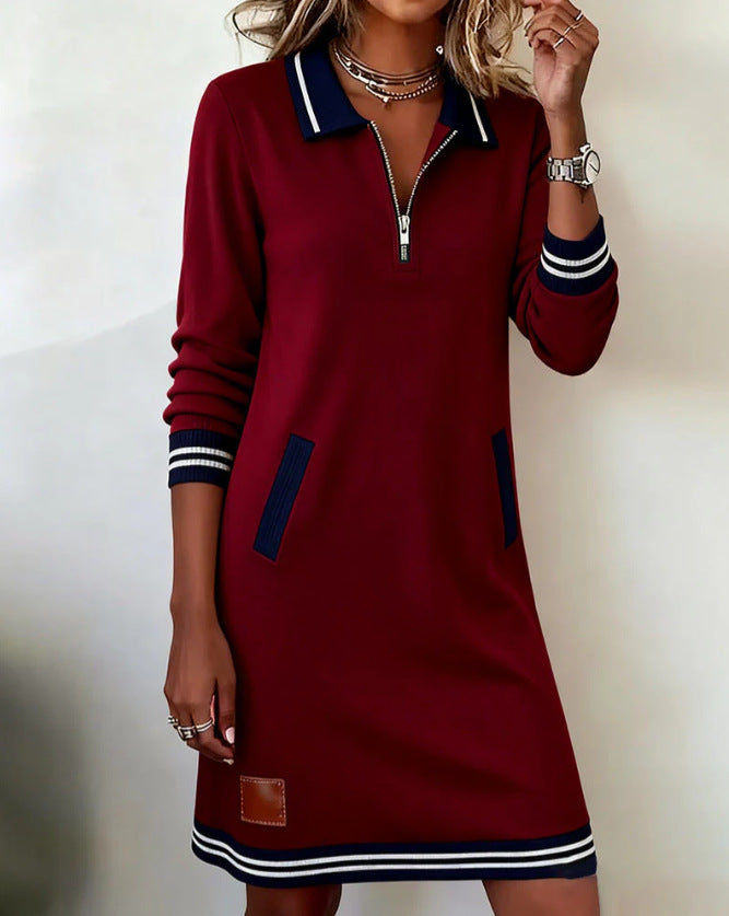 Damen nan sportlich-elegantes Sweatkleid mit Polokragen halblangem Reißverschluss elastischen Kontrastbündchen und Eingrifftaschen R&B