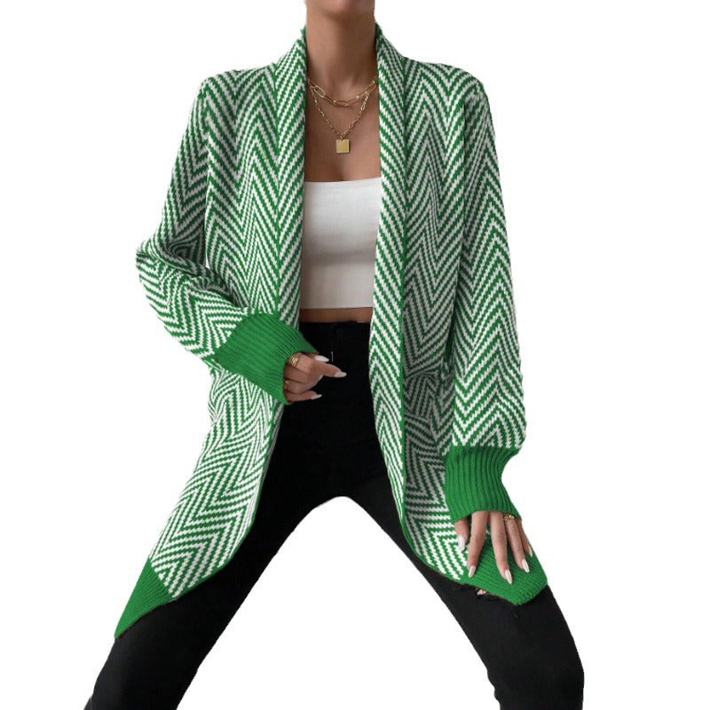 Damen langärmlige Strickjacke im modernen Chevron-Design R&B