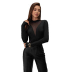 Damen nan figurbetonter Langarm-Body mit transparenten Mesh-Einsätzen, Stehkragen und hohem Beinausschnitt R&B