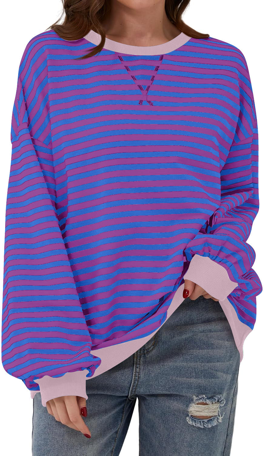 Damen lässiger Oversized Sweatshirt mit bunten Streifen und Kapuzenkordel R&B