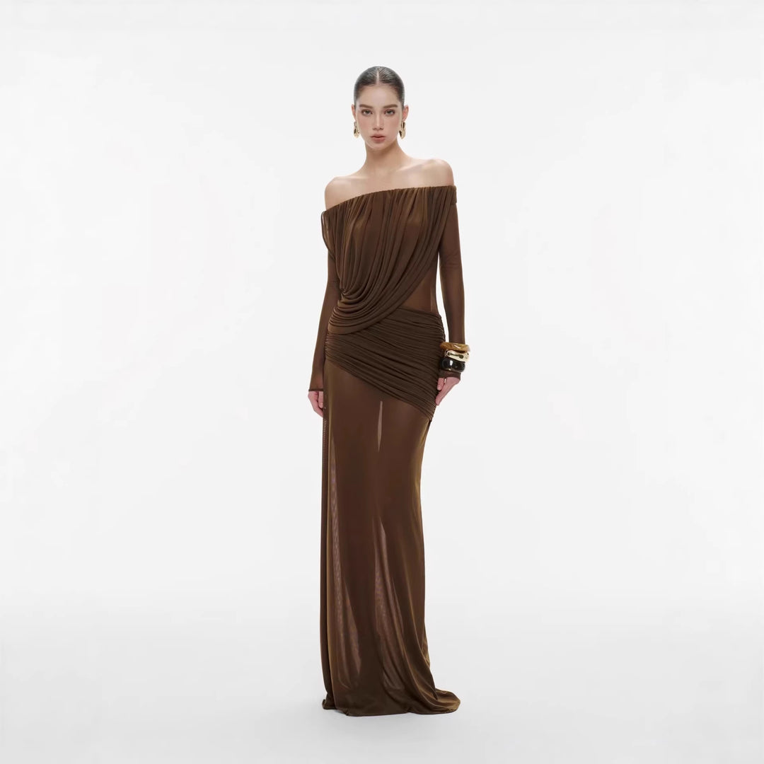 Damen Langarm Maxikleid mit Drapier-Design und schulterfreiem Ausschnitt R&B
