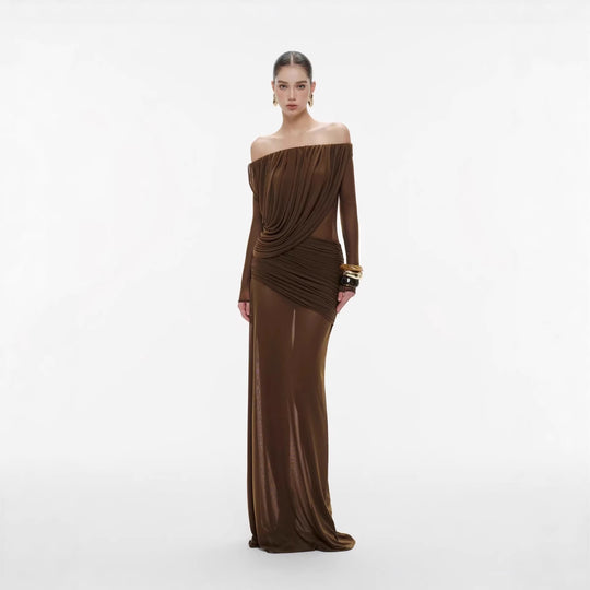 Damen Langarm Maxikleid mit Drapier-Design und schulterfreiem Ausschnitt R&B