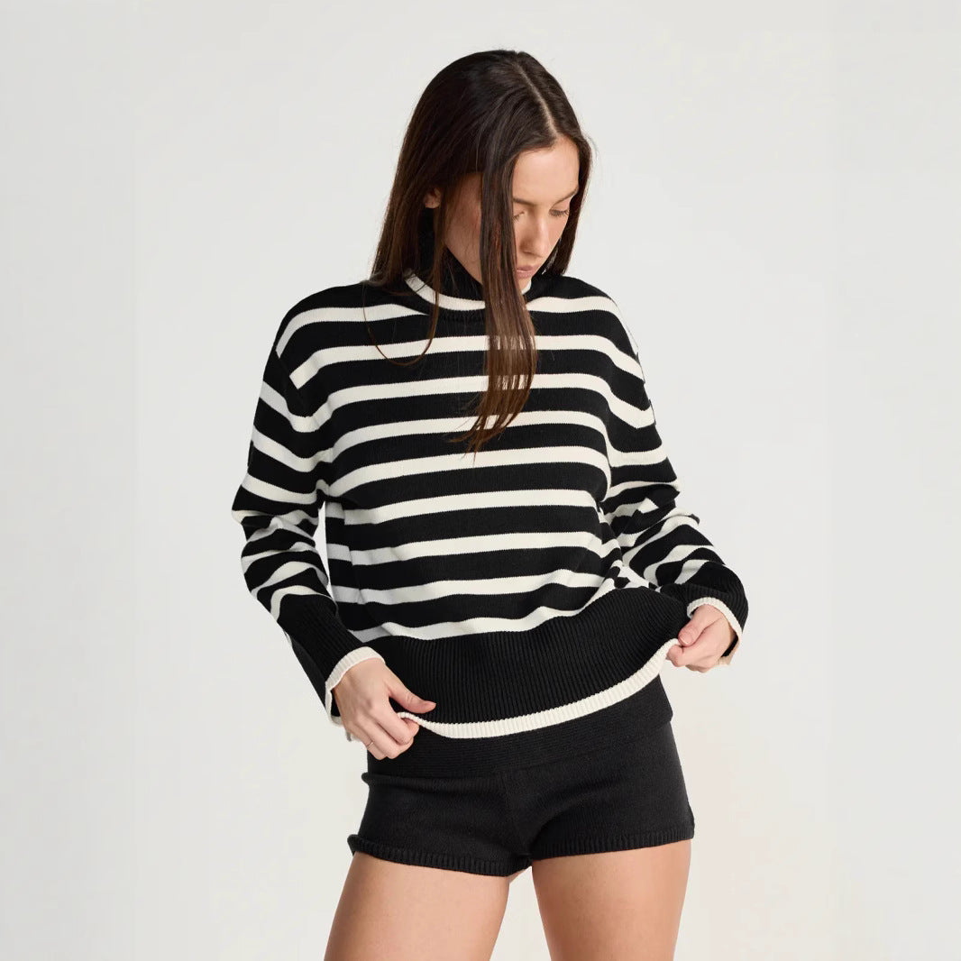 Damen gestreifter Rollkragenpullover mit lässigem Schnitt R&B