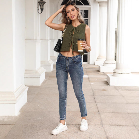 Damen Materialmix Crop-Top mit Knoten-Detail R&B