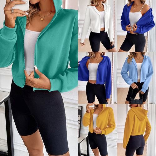 Damen cropped Kapuzenjacke mit Reißverschluss und sportlichem Design R&B