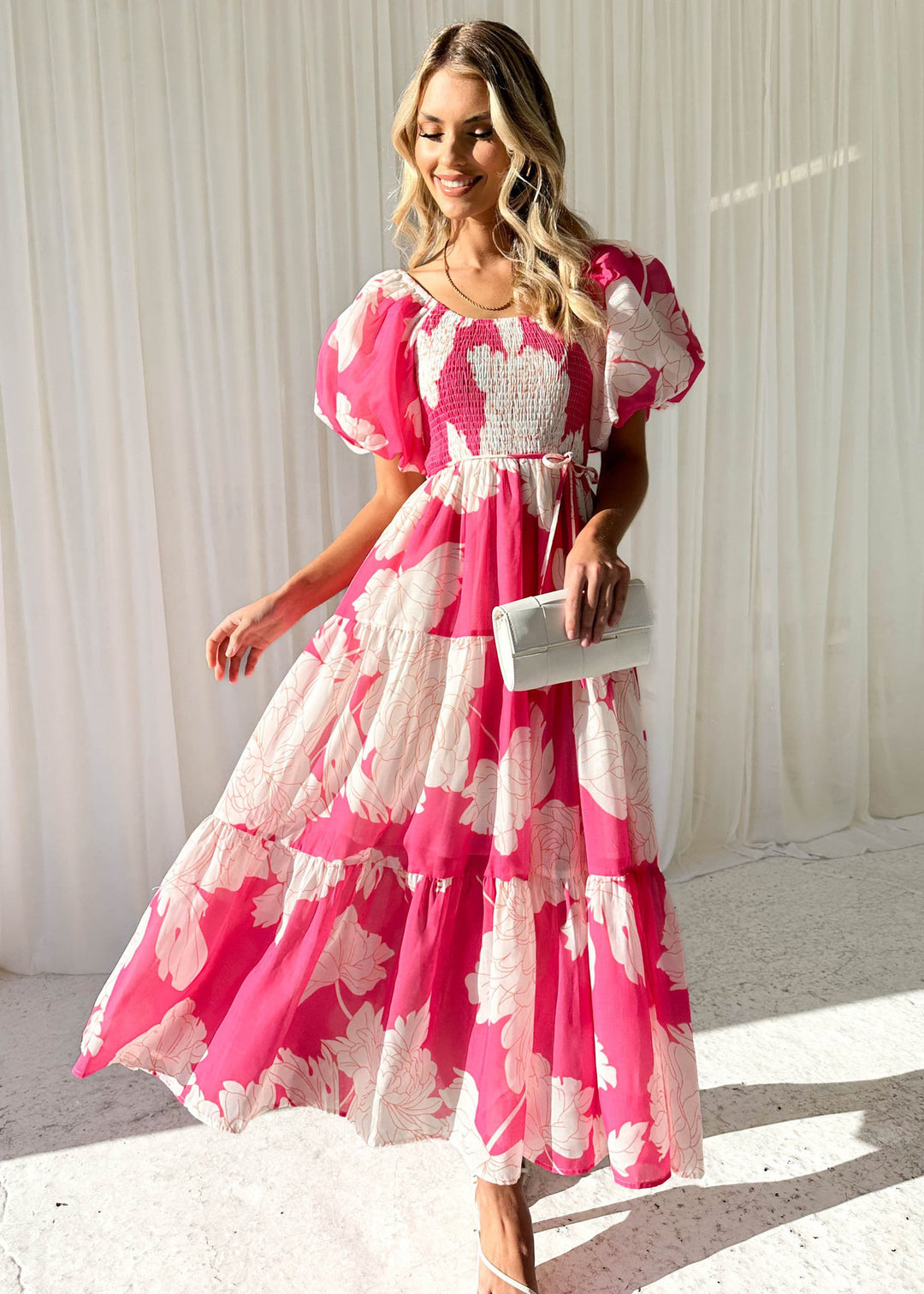 Damen Maxikleid mit schulterfreiem Schnitt und luftigen Puffärmeln R&B