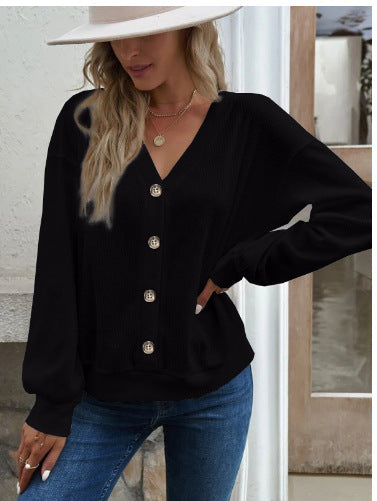 Damen Komfortabler Strickpullover mit V-Ausschnitt und Knopfleiste R&B