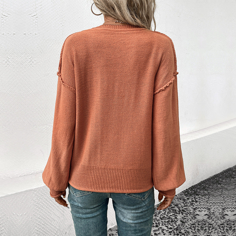 Damen V-Pullover mit voluminösen Ärmeln und verspielten Details R&B