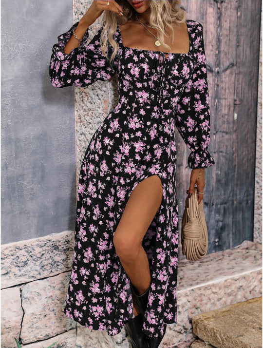 Damen Maxikleid mit seitlichem Schlitz und Puffärmeln R&B