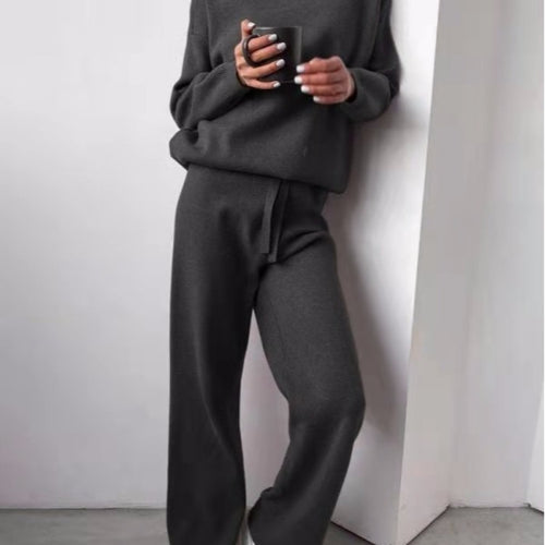 Damen kuscheliges Strick-Loungewear-Set mit weiten Hosen und elegantem Rundhalsausschnitt R&B