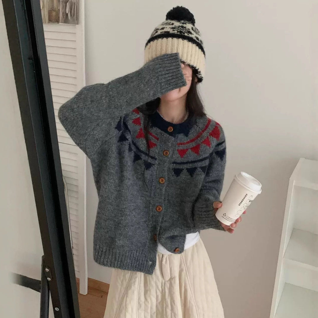 Damen Grobstrickcardigan mit aufwendigem Farbmuster und komfortablem Knopfverschluss R&B
