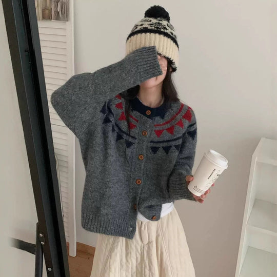 Damen Grobstrickcardigan mit aufwendigem Farbmuster und komfortablem Knopfverschluss R&B