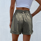 Damen elegante Bundfalten-Shorts mit Gürtel R&B
