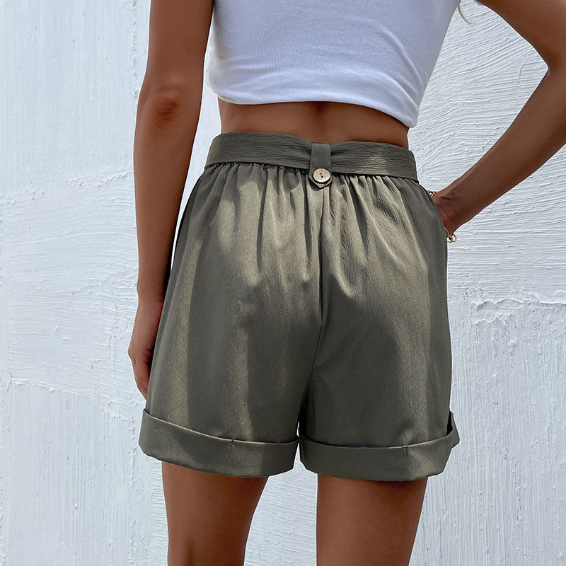 Damen elegante Bundfalten-Shorts mit Gürtel R&B