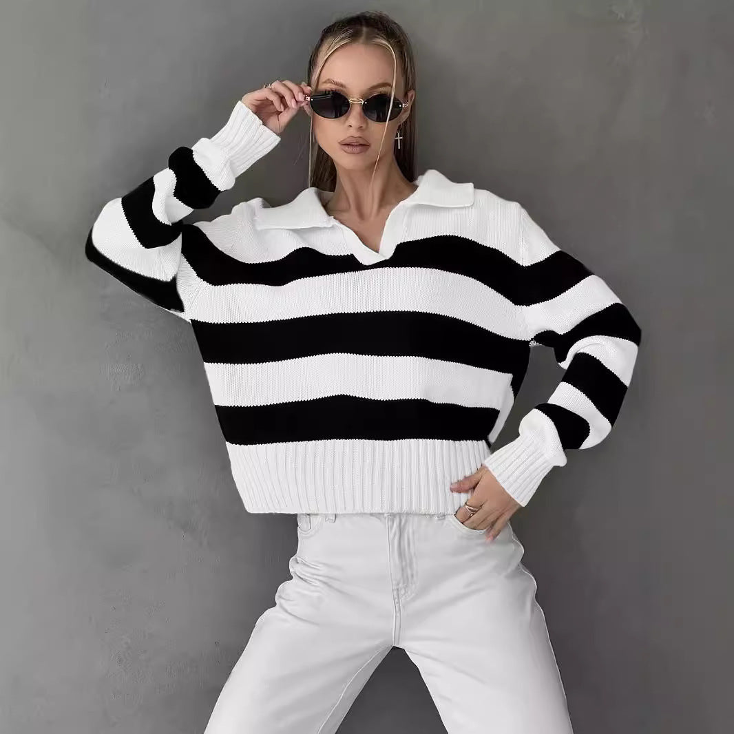 Damen Grob gestrickter Pullover mit breitem Kragen und Blockstreifendesign