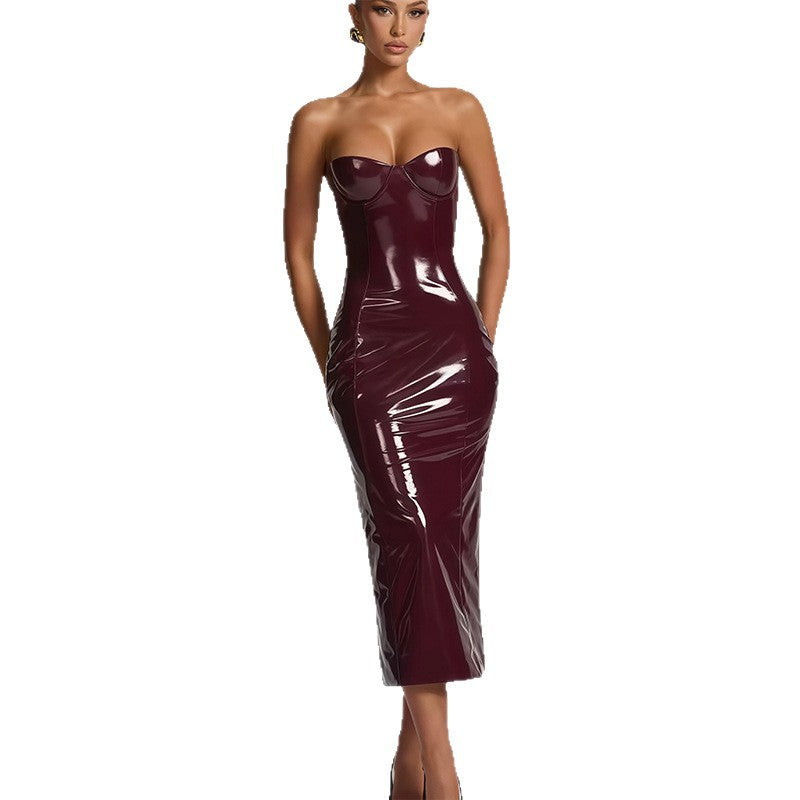 Damen Bodycon-Kleid mit trägerlosem Design und glänzender Oberfläche R&B