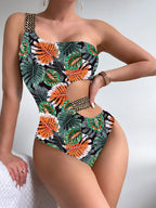 Damen Einteiliger Designer-Badeanzug mit asymmetrischem Schnitt und modischem Trägerriemen R&B