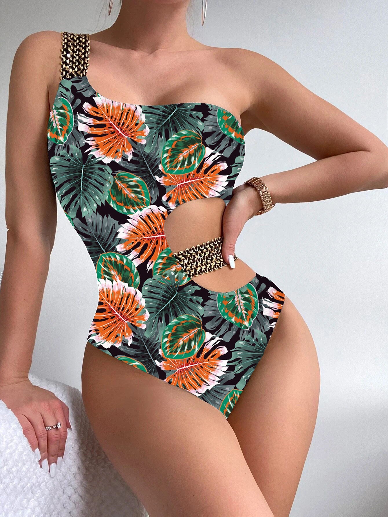 Damen Einteiliger Designer-Badeanzug mit asymmetrischem Schnitt und modischem Trägerriemen R&B