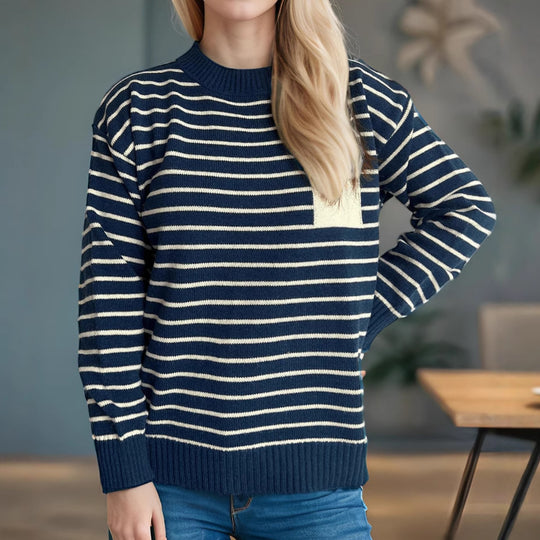 Damen lässiger Strickpullover mit breitem Streifenmuster und überschnittenen Schultern R&B