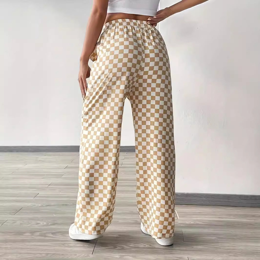 Damen weite Karohose mit elastischem Bund und Bindegurt R&B