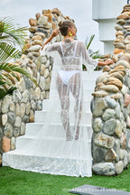 Damen eleganter transparenter Strandüberwurf mit zartem Blütenmuster R&B
