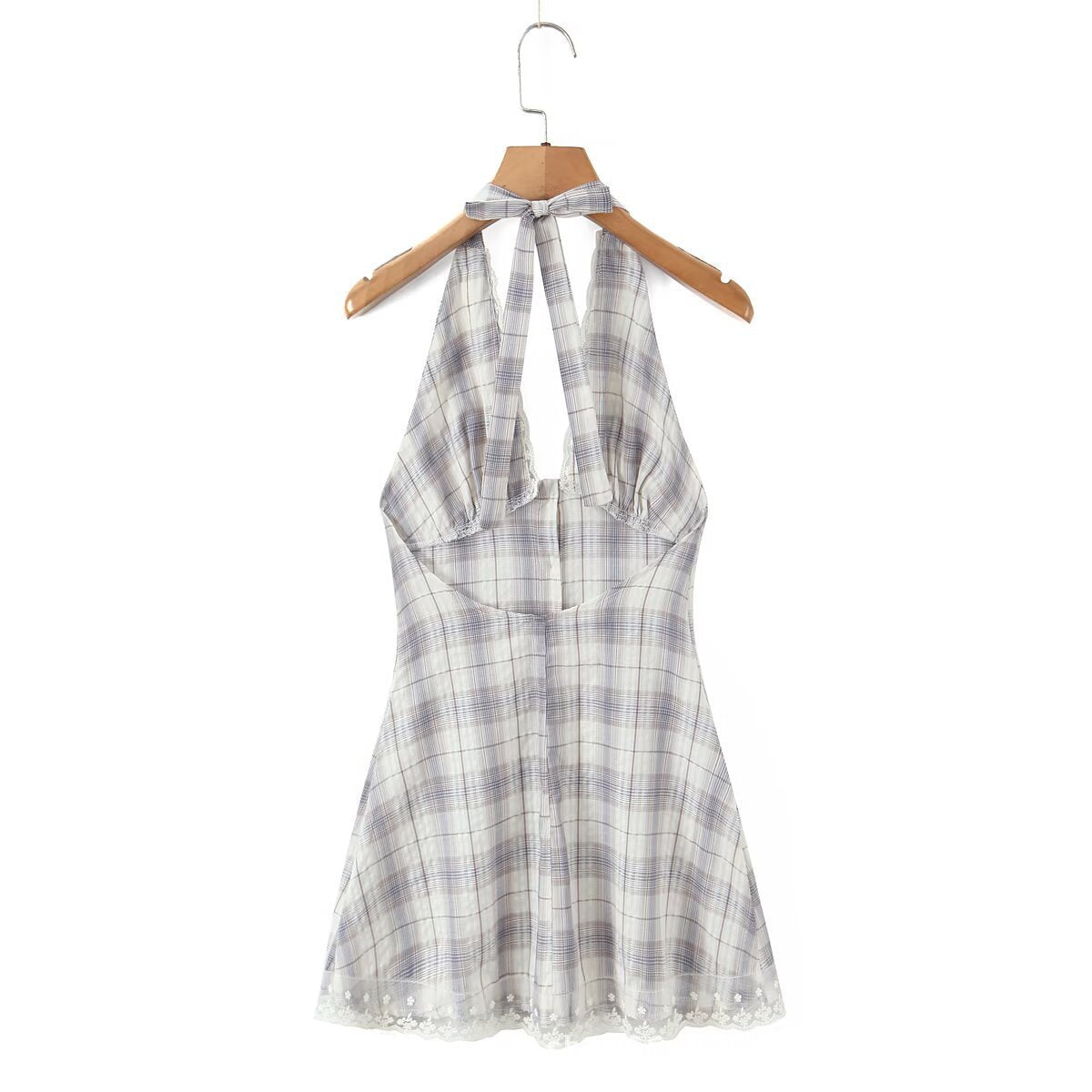 Damen Halterkleid mit floralem Spitzenbesatz und Knopfleiste R&B