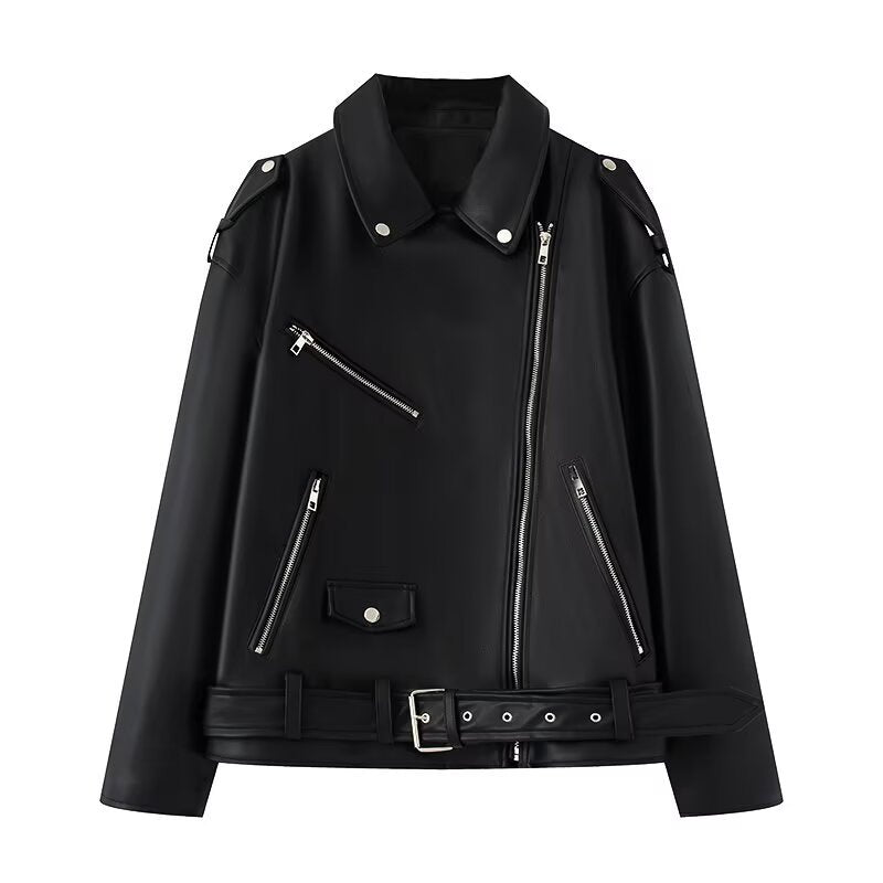 Damen Kunstleder Bikerjacke mit praktischen Reißverschlusstaschen und Gürtel R&B