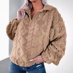 Damen kuschelige Fleece-Pulloverjacke mit Reißverschluss und weiten Ärmeln