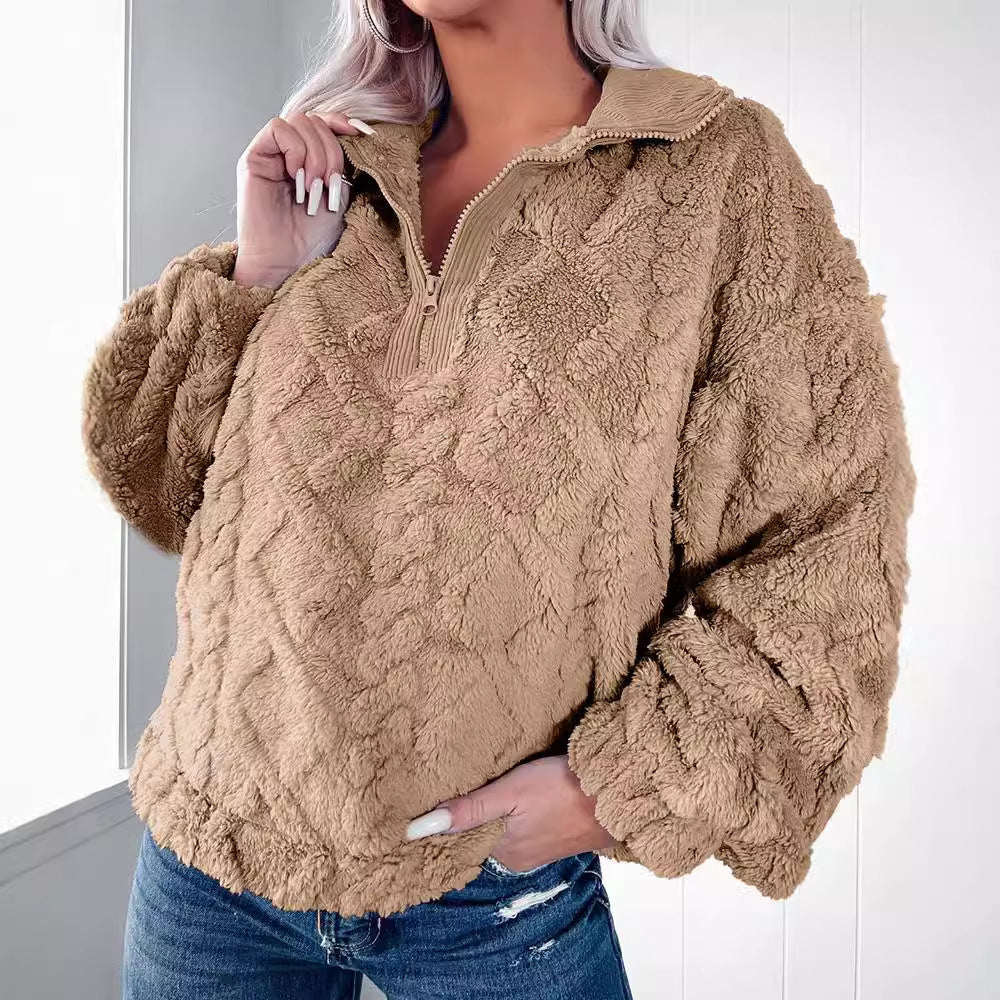 Damen kuschelige Fleece-Pulloverjacke mit Reißverschluss und weiten Ärmeln