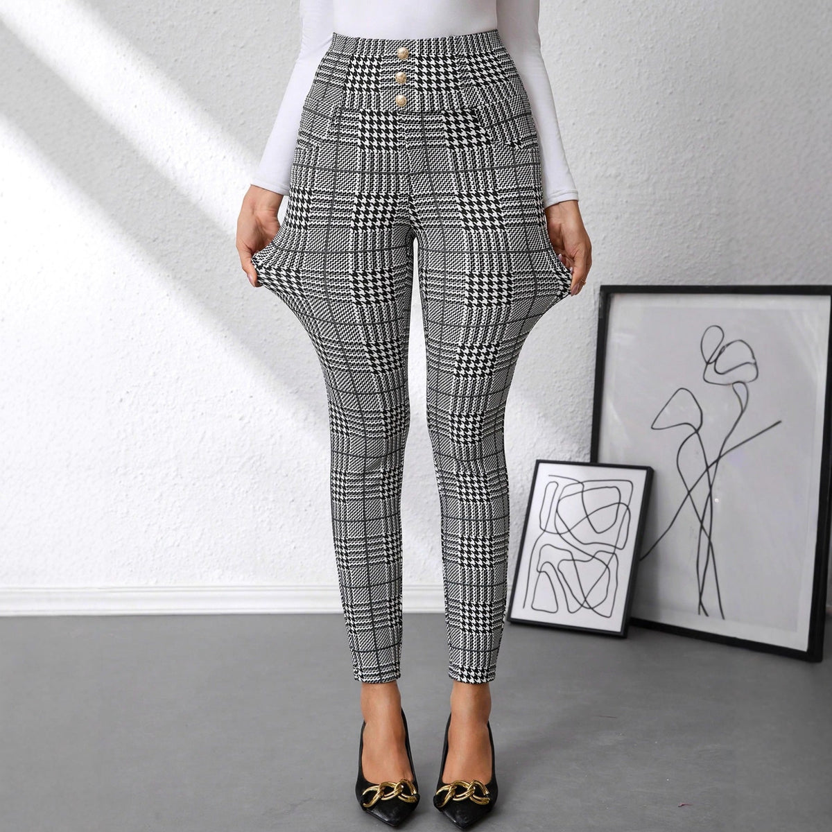 Damen Karierten High-Waist Hosen