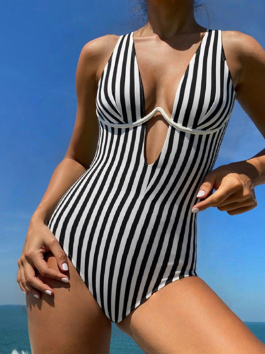 Damen Einteiliger Badeanzug mit tiefem V-Ausschnitt und eleganten Streifen R&B