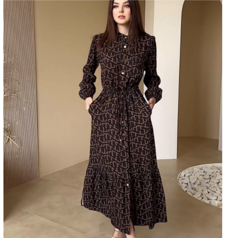 Damen Maxikleid mit taillierbarem Bindegürtel R&B