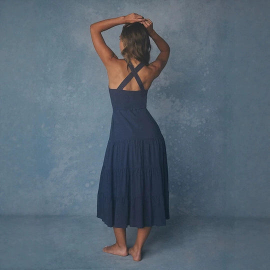 Damen Maxikleid mit nostalgischem Knopfverschluss und verstellbaren Trägern R&B