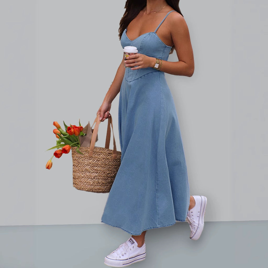 Damen Midikleid mit süßem Herzen-Ausschnitt und verstellbaren Trägern R&B