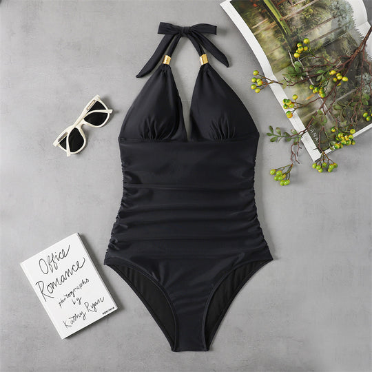 Damen Eleganter Badeanzug mit tiefem V-Ausschnitt und dekorativen Bindebändern R&B
