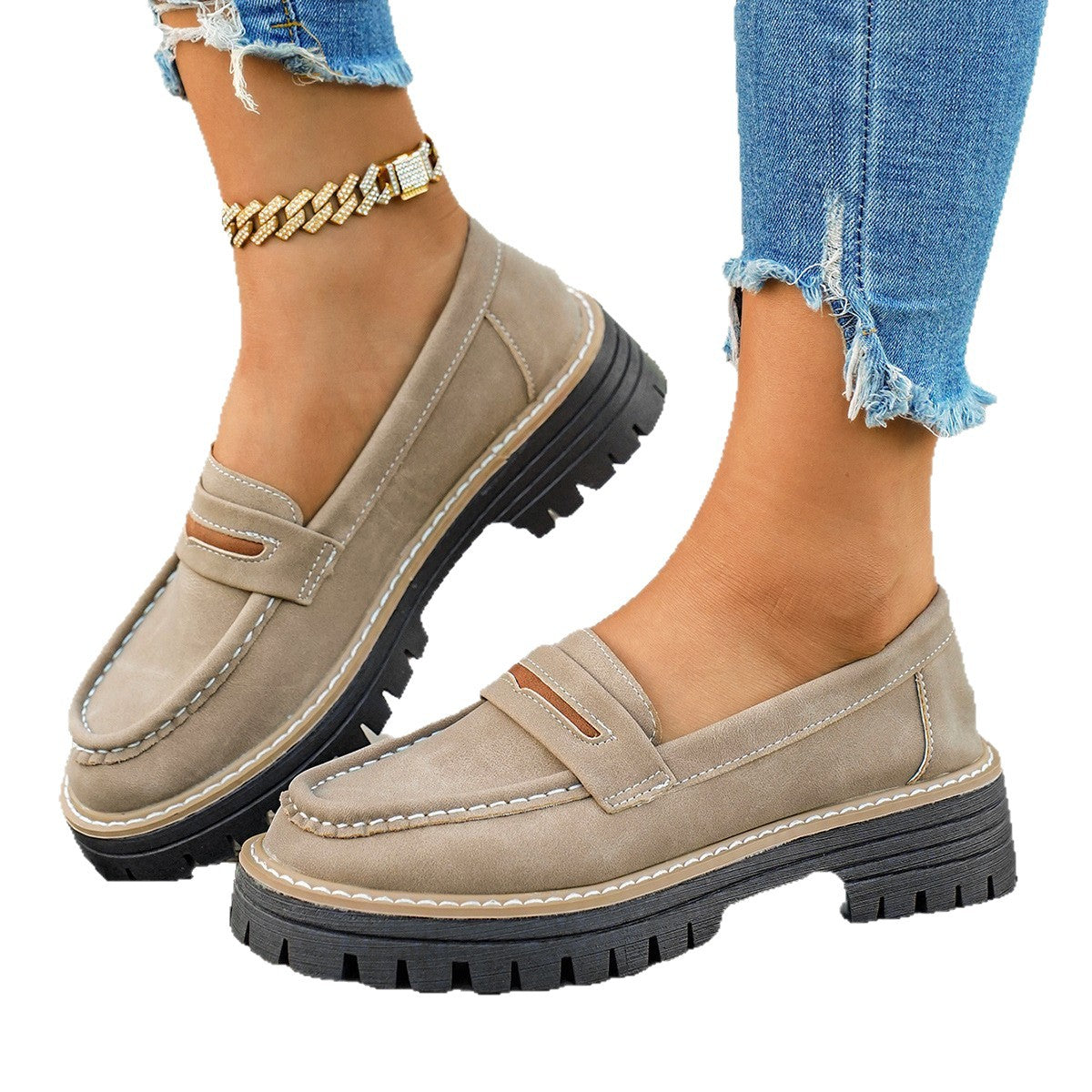 Damen Chunky Loafers mit rutschfester Sohle und dekorativem Riemen
