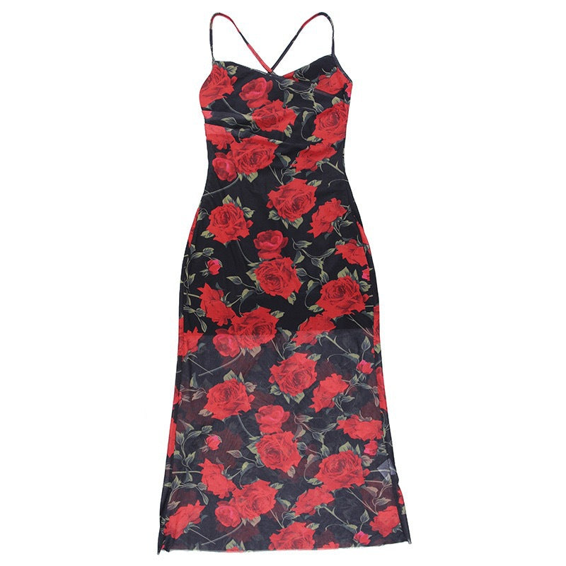 Damen Elegantes Blumenmuster-Maxikleid mit schmalen Trägern und gerafftem Oberteil R&B