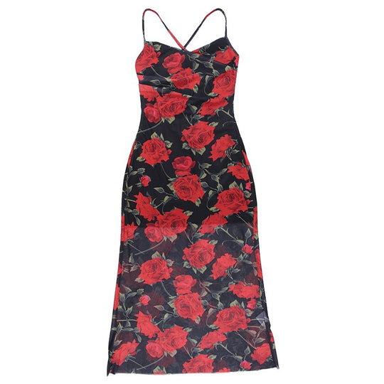 Damen Elegantes Blumenmuster-Maxikleid mit schmalen Trägern und gerafftem Oberteil R&B