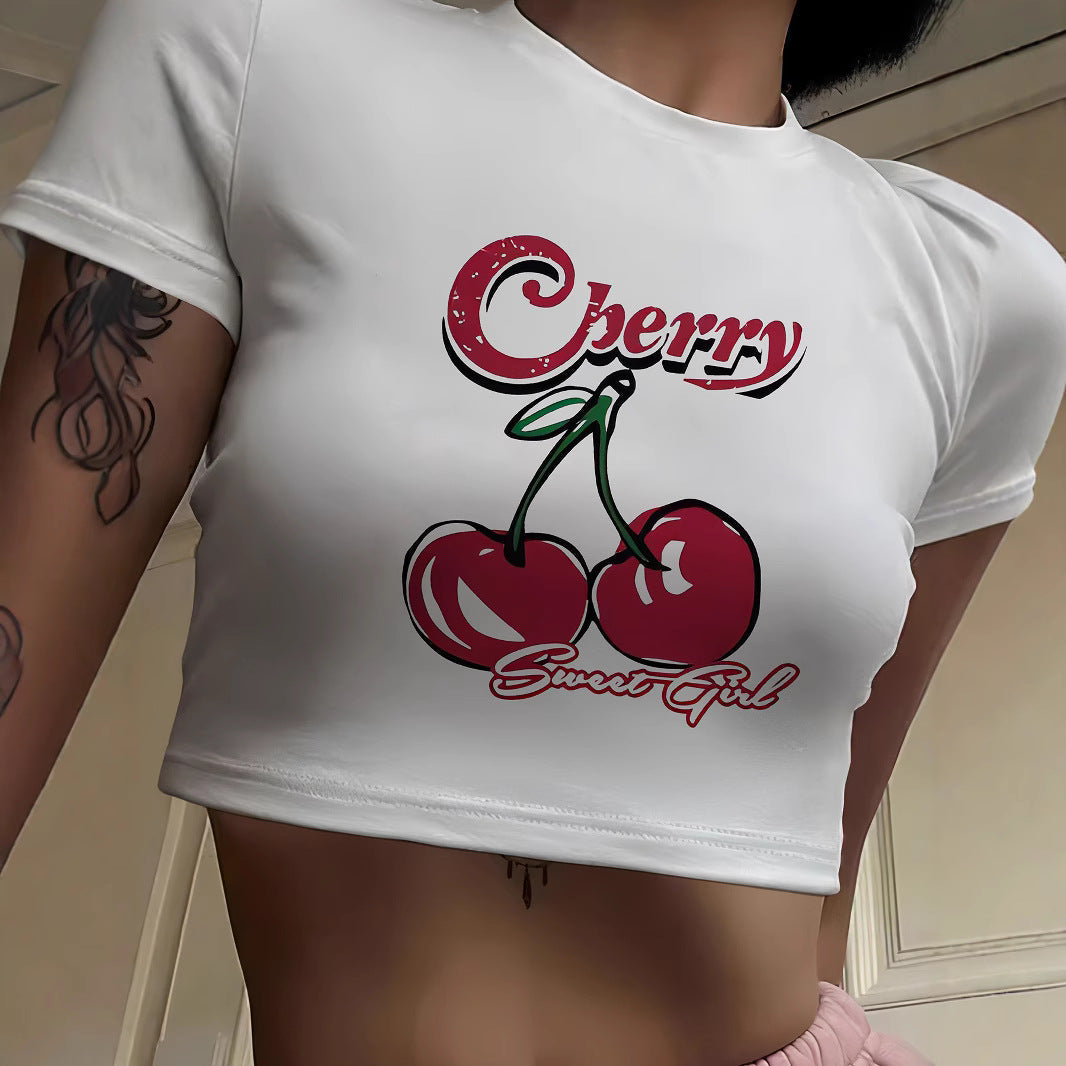 Damen Crop-T-Shirt mit fruchtigem Kirschdesign und lockerem Schnitt R&B