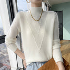 Damen weicher Strickpullover mit hohen Kragen und V-Design R&B