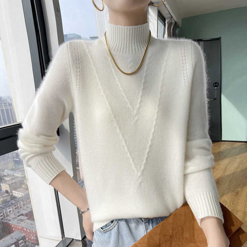 Damen weicher Strickpullover mit hohen Kragen und V-Design R&B