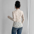 Damen transparenter Bodysuit mit elegantem Blumenmuster und hohem Kragen R&B