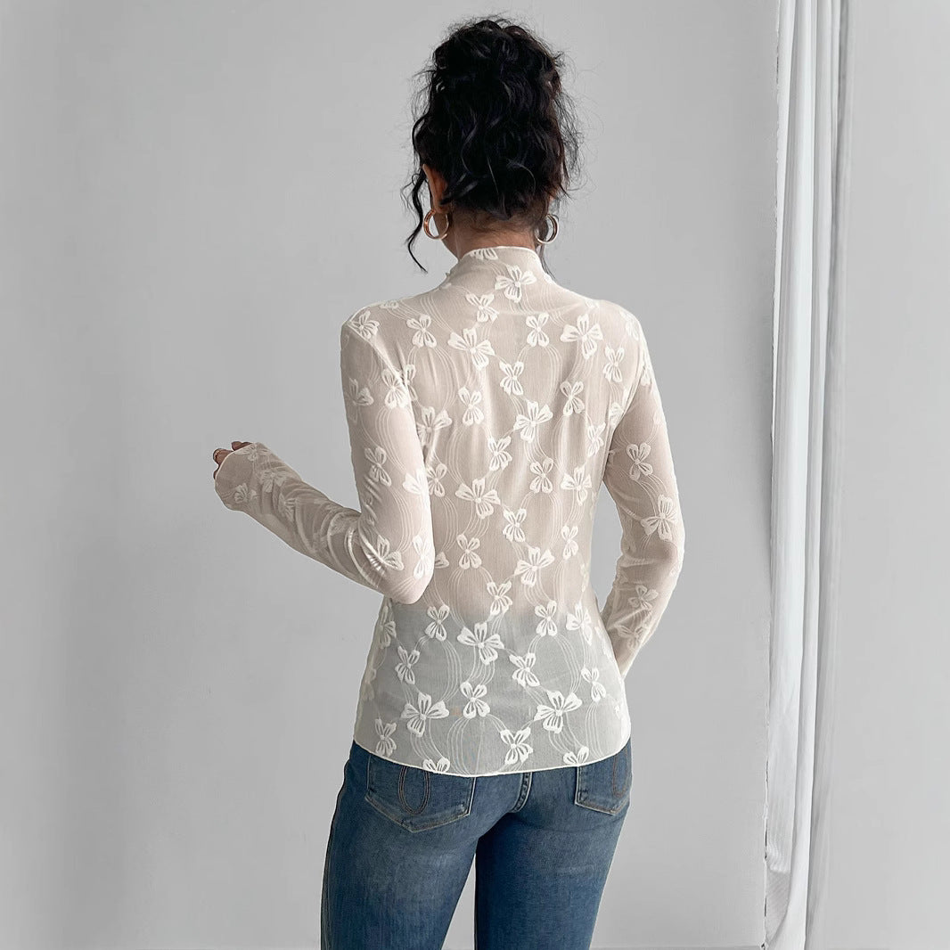 Damen transparenter Bodysuit mit elegantem Blumenmuster und hohem Kragen R&B